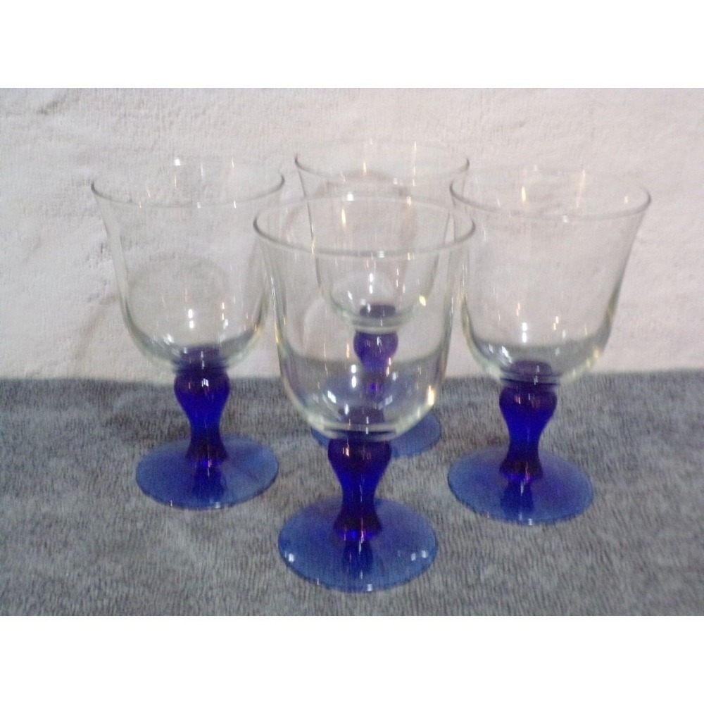 Colbalt Blue Turned Stem Water or Wine Glasses Set of 4